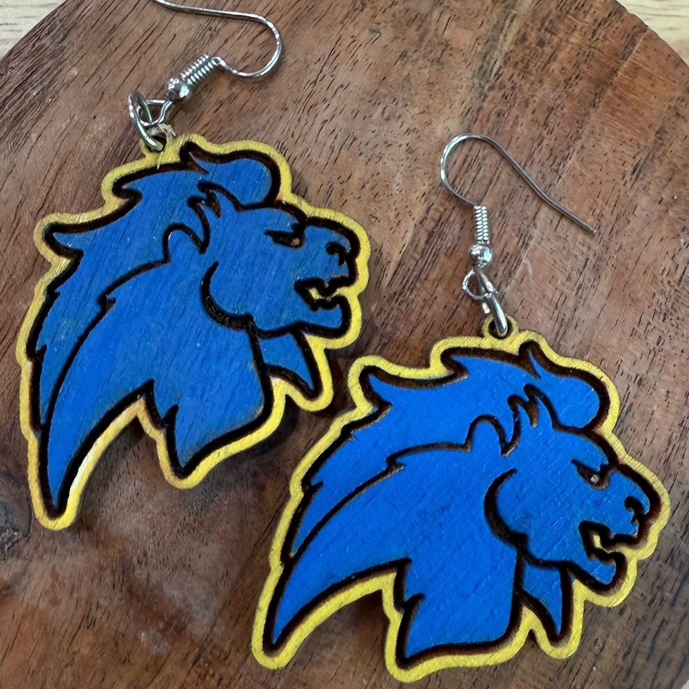 Detroit Lions Earrings- Blue and Gold Mascot Design Wooden Statement